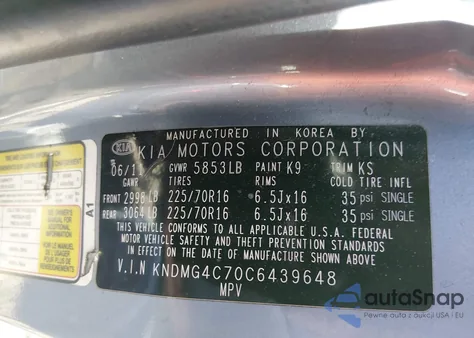 2012 Kia Sedona Lx z USA, uszkodzony, nr VIN KNDMG4C70C6439648